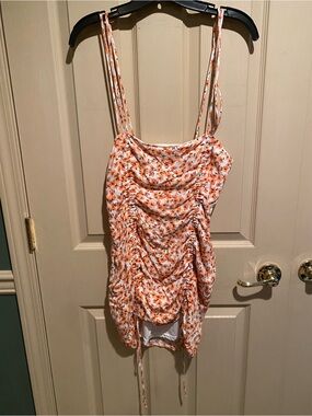 Garage White Orange Floral Ruched Smocked Bodycon Square Neck Dress P/S